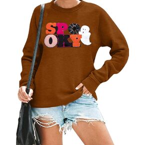 MOUSYA Halloween Spooky Sweatshirts Spooky Patch Pullover Halloween Sweatshirt للنساء الخريف الشنيل البلوز الأعلى