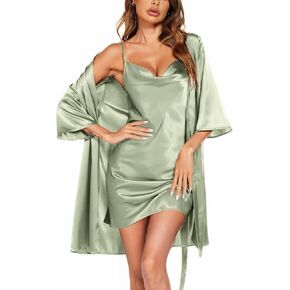 Ekouaer Women's Satin Robe Set Nightgown with Robes Silk Pajama Set 2 Pieces Lingerie Cowl Neck Cami Sleepwear Sets
