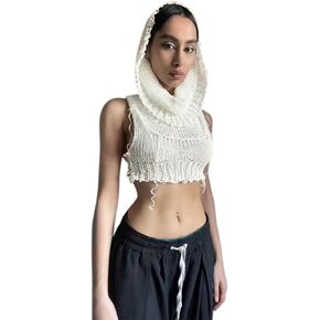 Women's Knitted Hoodie Sweater Vest Sexy Sleeveless Hollow Out Hooded Crop Top Draped Sweatshirt Streetwear