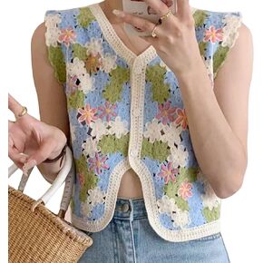 Women Vintage Knit Crochet V-Neck Waistcoat Cropped Cardigan Embroidery Colorblock Floral Sleeveless Sweater Vest Top