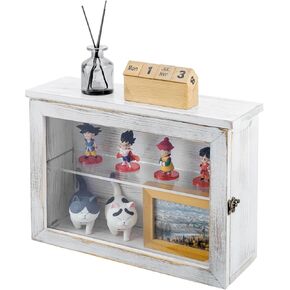 MyGift 15 x 11 inch Wall Mounted Shabby Whitewashed Wood Display Case, Hanging Shadow Box with Clear Viewing Panel on Hinged Door, Metal Latch and Acrylic Shelf