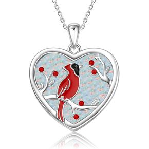Cardinal Necklace Sterling Silver Heart Locket Pendant White Auburn Red Bird Cardinal Jewelry Gifts
