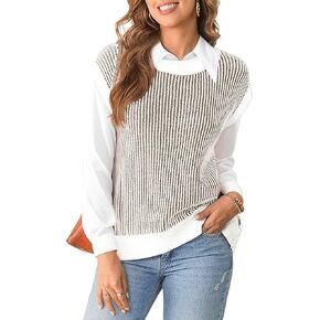 EVALESS Womens Cap Sleeve Striped Sweater Vest Casual Crewneck Loose Fit Knit Pullover Tops Fall Clothes 2024