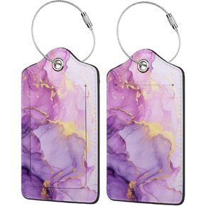 Purple and Gold Mixed Marbling-1 2 Pack Luggage Tag for Suitcase, Luggage Tags for Suitcases,Leather Stainless Steel Loop Label Tag for Men Women Girlstravel Bag Suitcase