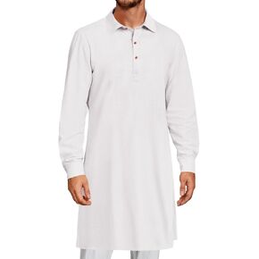 Runcati Mens Kaftan Robe Thobe Button Down Long Sleeve Cotton Linen Casual Muslim Gown Polo Shirt Kurta Tops