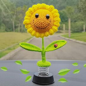 Handmade Crochet Sunflower Cute Car Dashboard Accessories Decorations for Women, Boho Hippie Kawaii Car Accessories Decor Bobblehead Sunflower Gift for Car Dashboard (HandKnitted)
