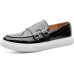 Men's Crocodile Print Double Monk Strap Slip-on Loafers Fashion Patent Leather Classic Oxford Dress Business Shoes Rointed Toe Comfort Sneakers