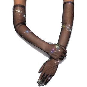 قفازات سوداء لامعة بالترتر من التول أوبرا شفافة، قفازات طويلة الأصابع للحفلات الراقصة للنساء in Kuwait