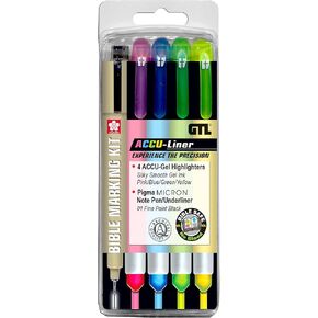 G.T. Luscombe Company, Inc. Accu-Gel/Pigma Micron Bible Marking Study Kit | No Bleed Solid Gel Ink Highlighter & Pigmented Ink | No Smearing or Fading | Long Lasting Bright Colors (Set of 5)