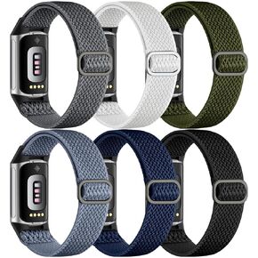 Maledan 6 عبوات من حلقات منفردة قابلة للتمدد متوافقة مع Fitbit Charge 5 Bands للنساء والرجال، أساور معصم مطاطية رياضية مضفرة قابلة للتعديل من النايلون الناعم لتتبع اللياقة البدنية Fitbit Charge 5