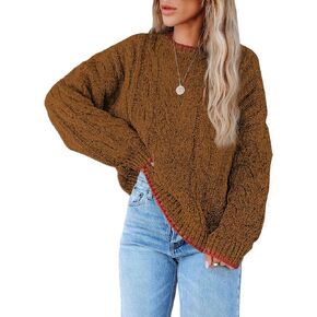 EVALESS Sweaters for Women Trendy Crewneck Long Sleeve Color Block Sweater Tops Fall 2024 Chunky Cable Knit Pullover Sweaters