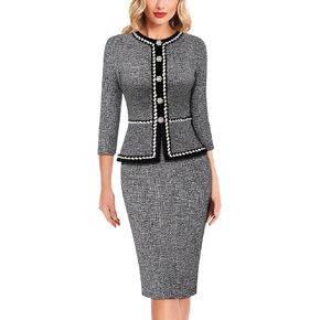 VFSHOW Womens Crew Neck Peplum Buttons Office Business Work Church Slim Fit Knee Length Bodycon Pencil Sheath Dress