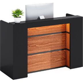 LITTLE TREE 63 Inches Reception Desk, Modern Reception Table with LED Light, Front Counter Desk, Wooden Checkout Counter for Lobbies, Salons, Retail, Home Offices, Reception Room, Black & Brown