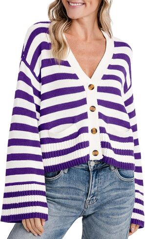 Saodimallsu Womens Striped Cardigan Sweaters Cropped Fall Button Open Front Long Sleeve Knit Sweater Coat with Pockets in Saudi Arabia