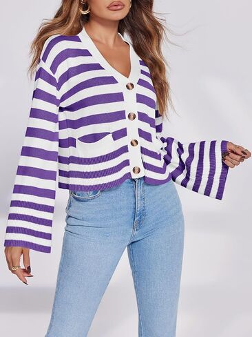 Saodimallsu Womens Striped Cardigan Sweaters Cropped Fall Button Open Front Long Sleeve Knit Sweater Coat with Pockets in Saudi Arabia