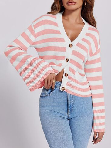 Saodimallsu Womens Striped Cardigan Sweaters Cropped Fall Button Open Front Long Sleeve Knit Sweater Coat with Pockets in Saudi Arabia