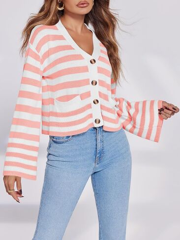 Saodimallsu Womens Striped Cardigan Sweaters Cropped Fall Button Open Front Long Sleeve Knit Sweater Coat with Pockets in Saudi Arabia