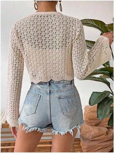 GORGLITTER Women's Crochet Tie Front Tops Bell Long Sleeve Cropped Cardigan Scallop Knitted Top in Saudi Arabia