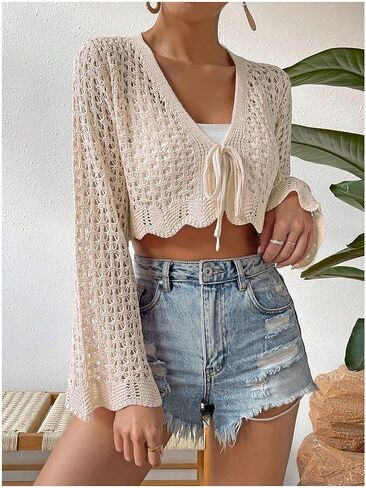 GORGLITTER Women's Crochet Tie Front Tops Bell Long Sleeve Cropped Cardigan Scallop Knitted Top in Saudi Arabia