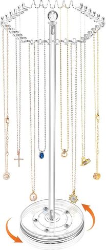 OAOLEER Rotating Necklace Organizer, Acrylic Necklace Holder Stand，Jewelry Organizer Display Tree Hanger Rack with 36 Hooks for Necklaces Chain Pendant Bracelets Ring in Kuwait