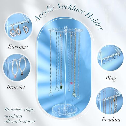 OAOLEER Rotating Necklace Organizer, Acrylic Necklace Holder Stand，Jewelry Organizer Display Tree Hanger Rack with 36 Hooks for Necklaces Chain Pendant Bracelets Ring in Kuwait
