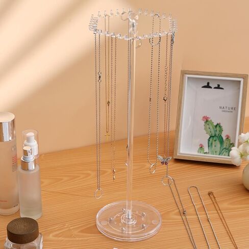 OAOLEER Rotating Necklace Organizer, Acrylic Necklace Holder Stand，Jewelry Organizer Display Tree Hanger Rack with 36 Hooks for Necklaces Chain Pendant Bracelets Ring in Kuwait