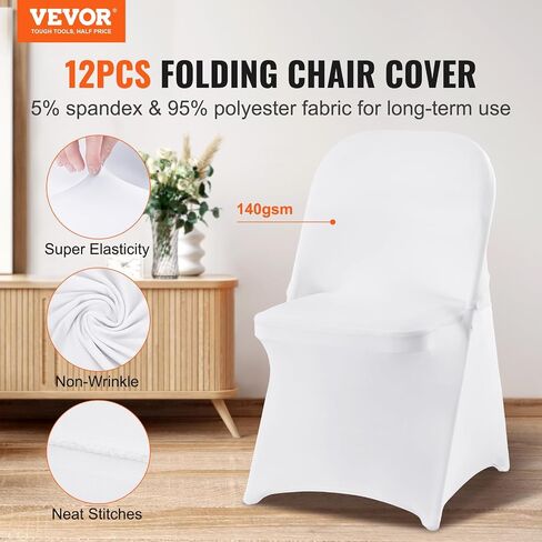 VEVOR White Stretch Spandex Chair Covers - 12 PCS, Folding Kitchen Chairs Cover, Universal Washable Slipcovers Protector, Removable Chair Seat Covers, for Wedding Party Dining Room Banquet Event in Saudi Arabia