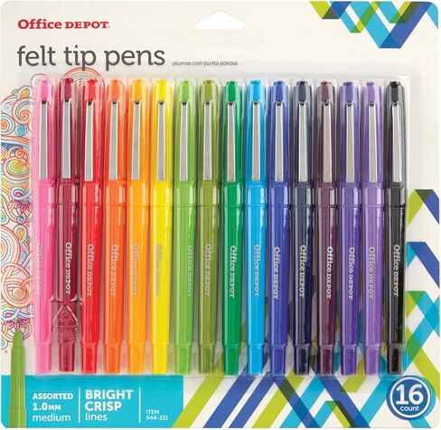 أقلام مسامية ذات أطراف لباد من العلامة التجارية Office Depot®، نقطة متوسطة، 1.0 مم، ألوان متنوعة، عبوة من 16 قلمًا in Saudi Arabia