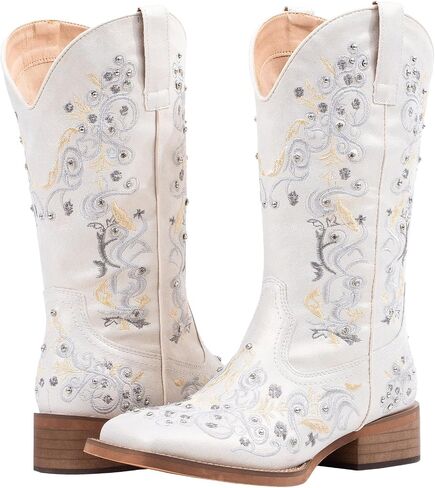 SheSole Women's Cowboy Boots Square Toe Rhinestone Mid Calf Floral Western Boot Fashion Cowgirl Shoes in Saudi Arabia