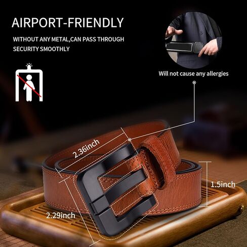 Full Grain Leather Belts for Men Non Metal Nickel Free Tsa Approved Hypoallergenic Belt with Plastic Buckle 38mm Wide in Kuwait