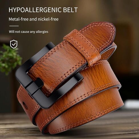 Full Grain Leather Belts for Men Non Metal Nickel Free Tsa Approved Hypoallergenic Belt with Plastic Buckle 38mm Wide in Kuwait
