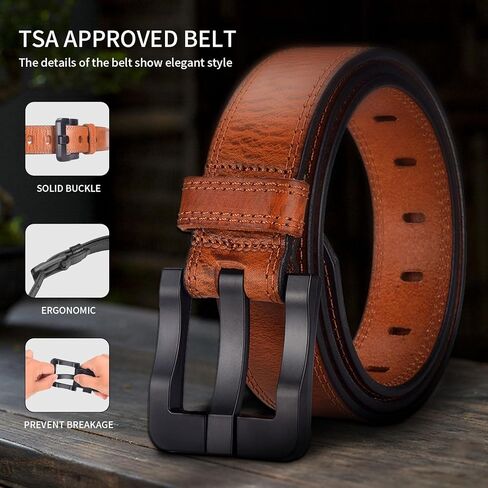 Full Grain Leather Belts for Men Non Metal Nickel Free Tsa Approved Hypoallergenic Belt with Plastic Buckle 38mm Wide in Kuwait