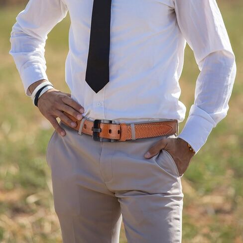 Full Grain Leather Belts for Men Non Metal Nickel Free Tsa Approved Hypoallergenic Belt with Plastic Buckle 38mm Wide in Kuwait