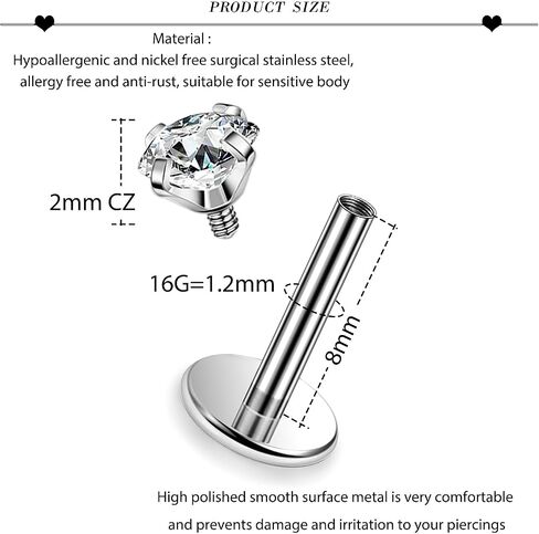20G 18G 16G 14G ASTM F136 Titanium Surgical Steel Internal Thread Flat Back Earrings Lip Rings Labret Medusa Helix Tragus Cartilage Earring stud Piercing Jewelry for Women Men Silver Gold in Saudi Arabia