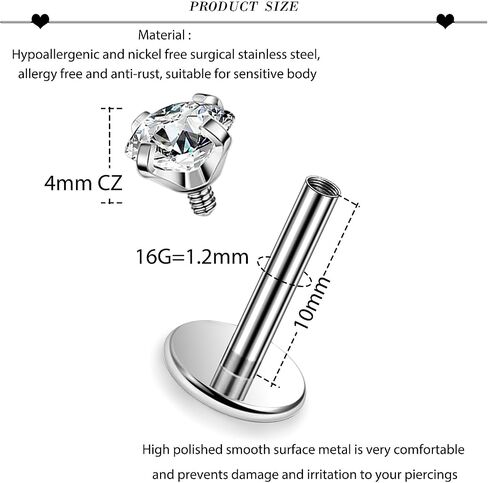 20G 18G 16G 14G ASTM F136 Titanium Surgical Steel Internal Thread Flat Back Earrings Lip Rings Labret Medusa Helix Tragus Cartilage Earring stud Piercing Jewelry for Women Men Silver Gold in Saudi Arabia