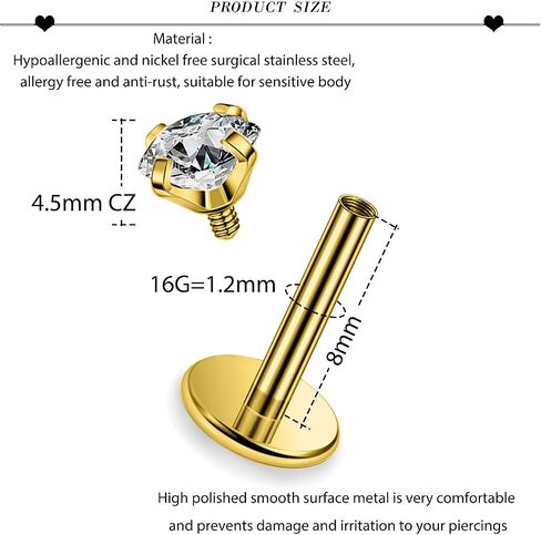 20G 18G 16G 14G ASTM F136 Titanium Surgical Steel Internal Thread Flat Back Earrings Lip Rings Labret Medusa Helix Tragus Cartilage Earring stud Piercing Jewelry for Women Men Silver Gold in Saudi Arabia