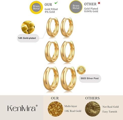 أقراط دائرية ذهبية للنساء، مجموعة أقراط دائرية صغيرة مطلية بالذهب عيار 14 قيراط لا تسبب الحساسية، أقراط هوجي هوب غضروفية ذهبية، أقراط دائرية مكتنزة مكدسة غير مشوهة in Kuwait