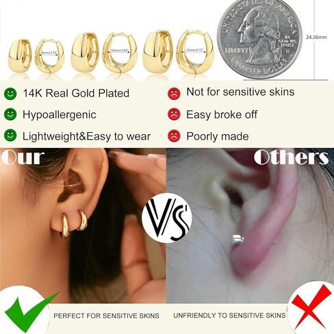 أقراط دائرية ذهبية للنساء، مجموعة أقراط دائرية صغيرة مطلية بالذهب عيار 14 قيراط لا تسبب الحساسية، أقراط هوجي هوب غضروفية ذهبية، أقراط دائرية مكتنزة مكدسة غير مشوهة in Kuwait