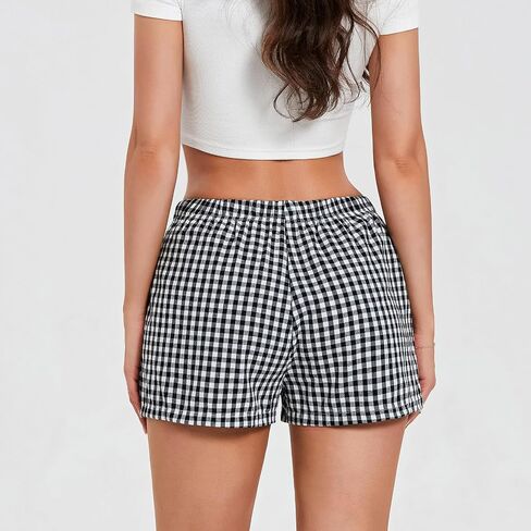 Womens Boxer Shorts Gingham Y2k Pajama Cute Plaid Striped Print Lounge Sleep Shorts in Saudi Arabia