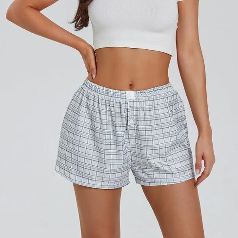 Womens Boxer Shorts Gingham Y2k Pajama Cute Plaid Striped Print Lounge Sleep Shorts in Saudi Arabia