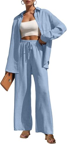 2 Piece Outfits for Women Casual Lounge Sets Long Sleeve Button Down Shirts and Wide Leg Pants Sets Tracksuit in Saudi Arabia