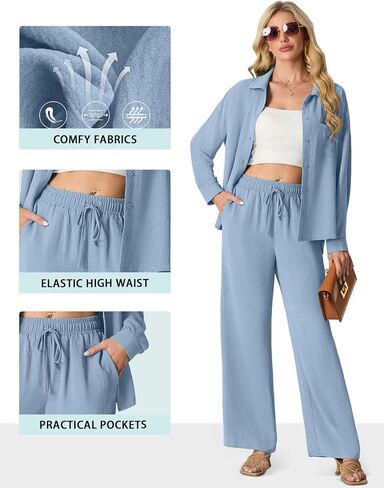 2 Piece Outfits for Women Casual Lounge Sets Long Sleeve Button Down Shirts and Wide Leg Pants Sets Tracksuit in Saudi Arabia