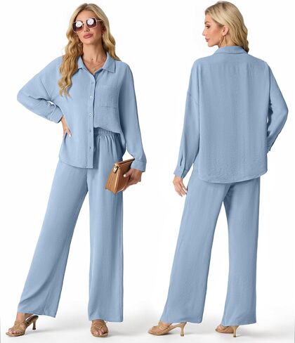2 Piece Outfits for Women Casual Lounge Sets Long Sleeve Button Down Shirts and Wide Leg Pants Sets Tracksuit in Saudi Arabia