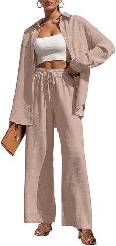 2 Piece Outfits for Women Casual Lounge Sets Long Sleeve Button Down Shirts and Wide Leg Pants Sets Tracksuit in Saudi Arabia