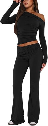Pasgreson 2 Piece Sets for Women Foldover Yoga Flare Leggings Pants and Going Out Tops Lounge Workout Sets Y2k Outfits in Saudi Arabia