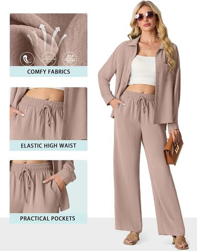 2 Piece Outfits for Women Casual Lounge Sets Long Sleeve Button Down Shirts and Wide Leg Pants Sets Tracksuit in Saudi Arabia