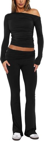 Pasgreson 2 Piece Sets for Women Foldover Yoga Flare Leggings Pants and Going Out Tops Lounge Workout Sets Y2k Outfits in Saudi Arabia