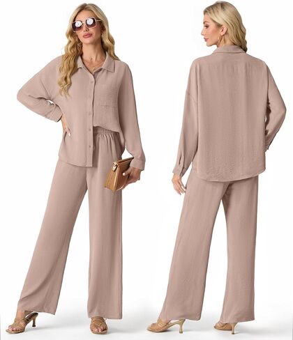 2 Piece Outfits for Women Casual Lounge Sets Long Sleeve Button Down Shirts and Wide Leg Pants Sets Tracksuit in Saudi Arabia