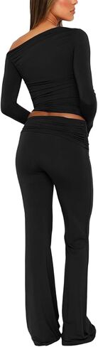 Pasgreson 2 Piece Sets for Women Foldover Yoga Flare Leggings Pants and Going Out Tops Lounge Workout Sets Y2k Outfits in Saudi Arabia