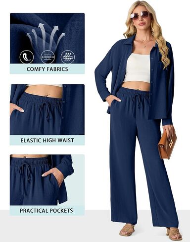 2 Piece Outfits for Women Casual Lounge Sets Long Sleeve Button Down Shirts and Wide Leg Pants Sets Tracksuit in Saudi Arabia